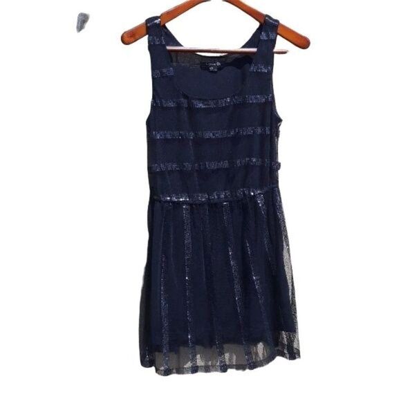 Forever 21 Dress Sheer Netted Sequin Striped Flapper Glam Mini Skater Black M - Picture 1 of 8